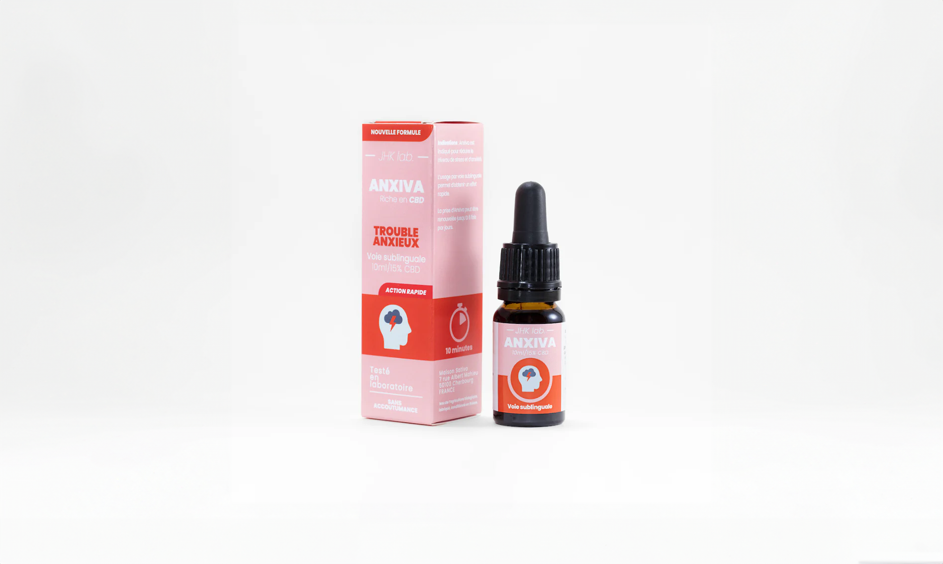 Flacon d’huile CBD Anxiva 15 % contre les troubles anxieux, action rapide
