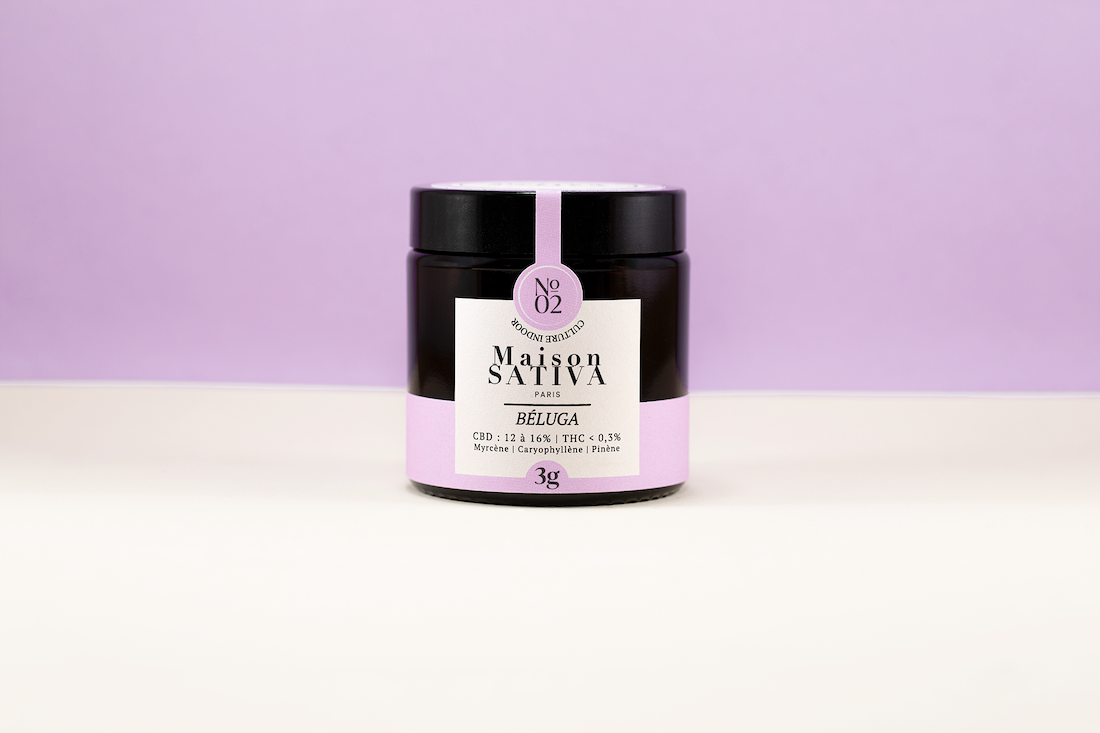 Fleurs de CBD béluga de chez Maison sativa à cherbourg en cotentin, 50100. Fleur de cannabis légal puissante pour le sommeil. La fleur est conservée dans un pot en verre pharmaceutique recyclé pour préserver la qualité de la fleur et de l'environnement.