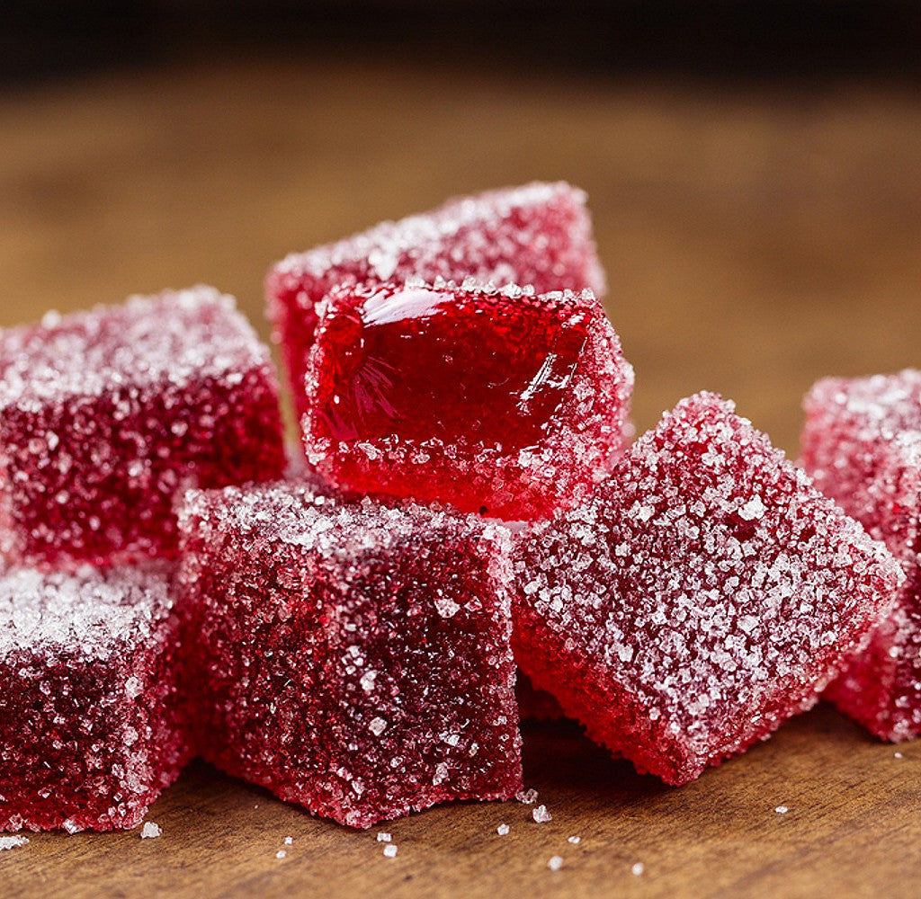 Gummies rouges au THC et CBD en cubes gélifiés recouverts de cristaux de sucre