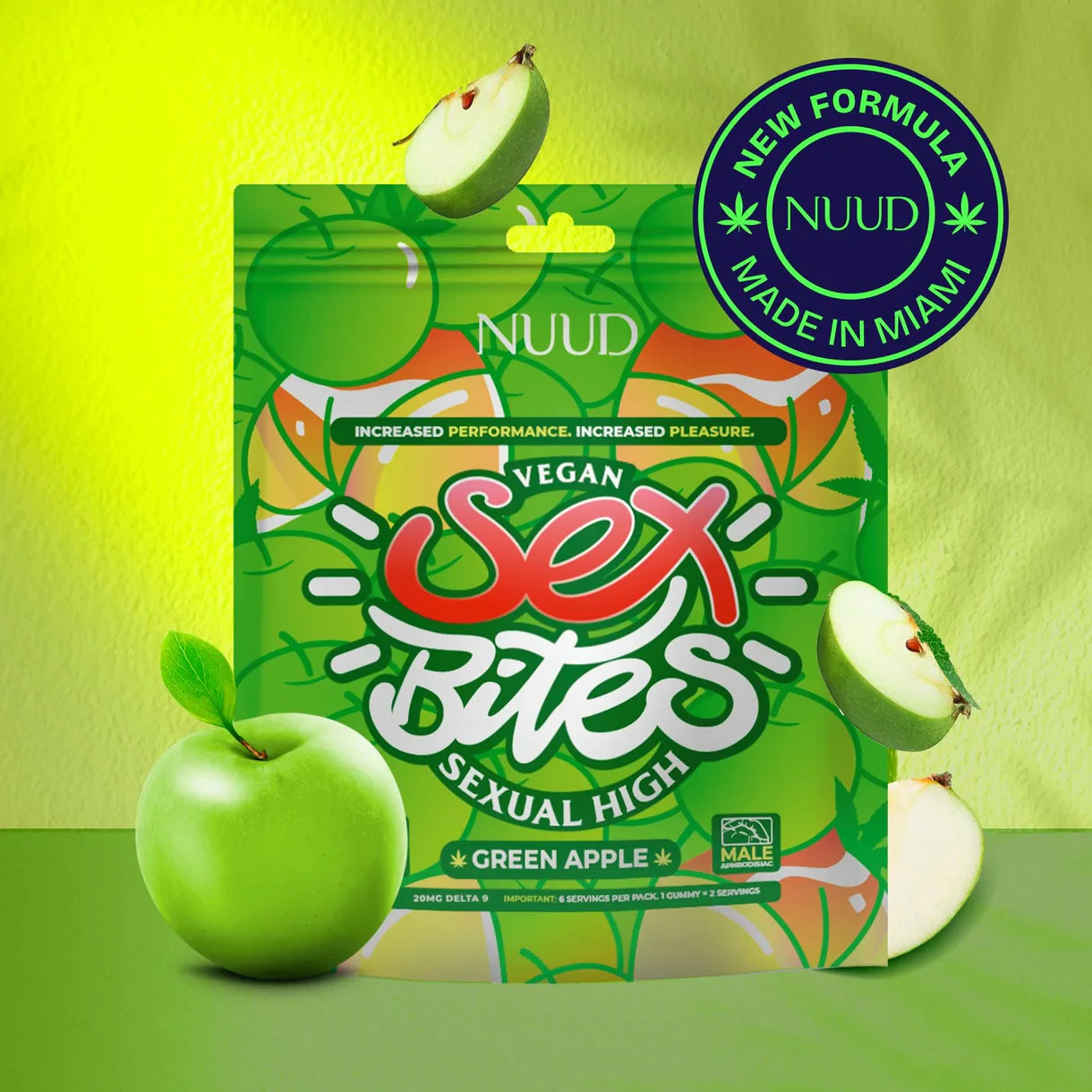 Bonbons NUUD Sex Bites goût pomme verte - 20mg Delta-9 THC - aphrodisiaque vegan masculin - Made in Miami