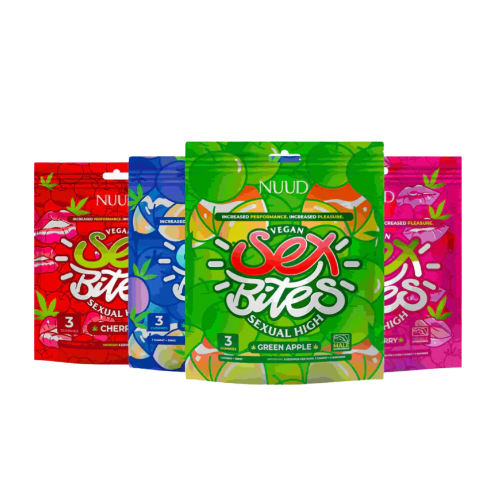 Pack bonbons NUUD Sex Bites multi-saveurs - 4 sachets assortis - Delta-9 THC 100% légal - aphrodisiaque vegan