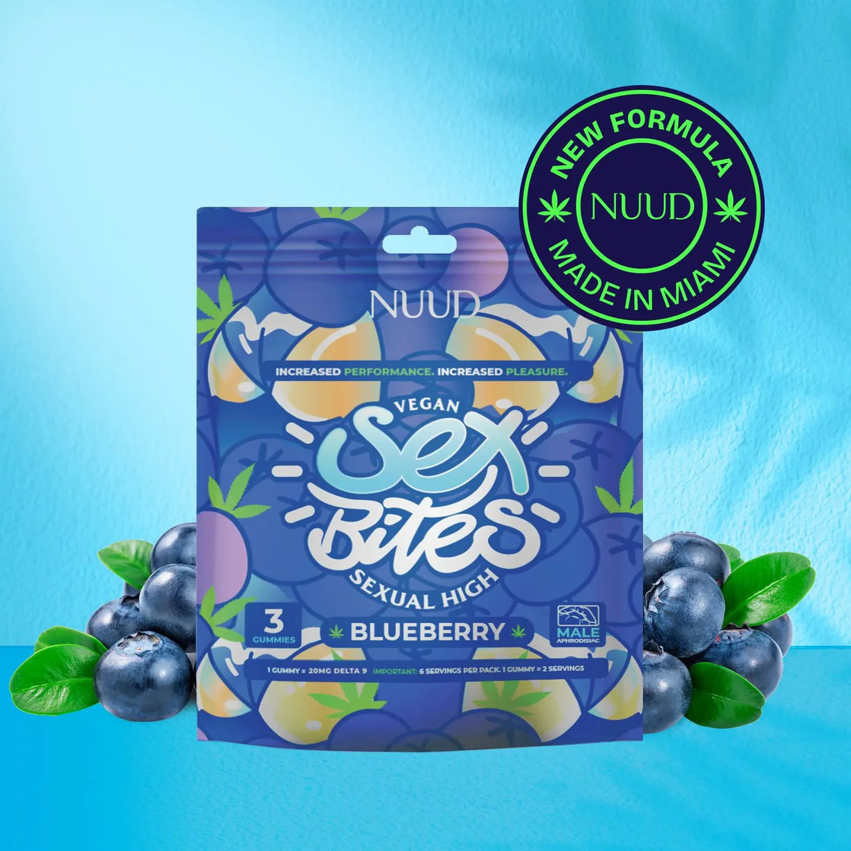 Bonbons NUUD Sex Bites goût myrtille - 20mg Delta-9 THC - aphrodisiaque vegan Made in Miami