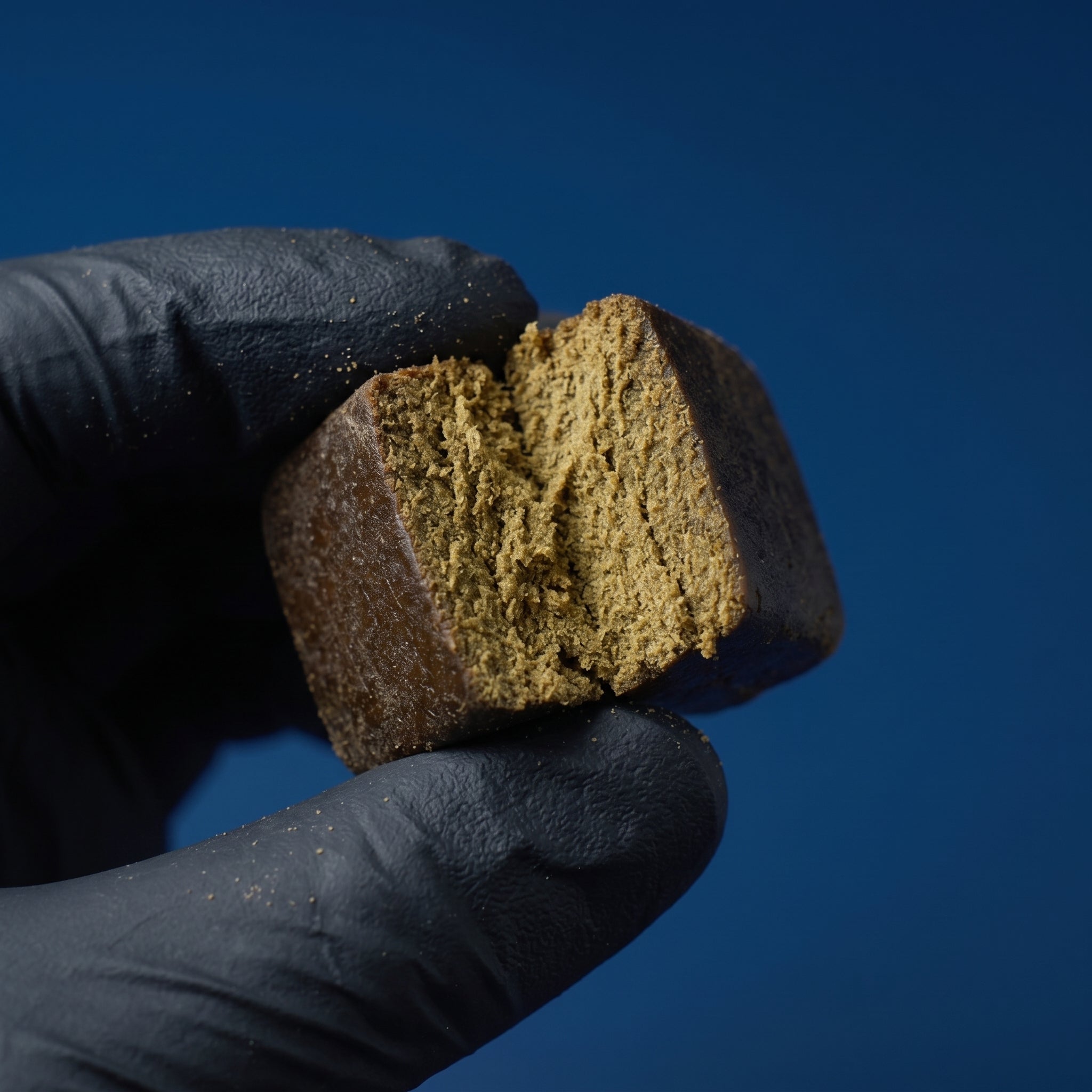 Mains séparant un bloc de résine CBD 3x filtré Maison Sativa, exposant l'intérieur granuleux du pur kief obtenu par la technique sous frozen def.