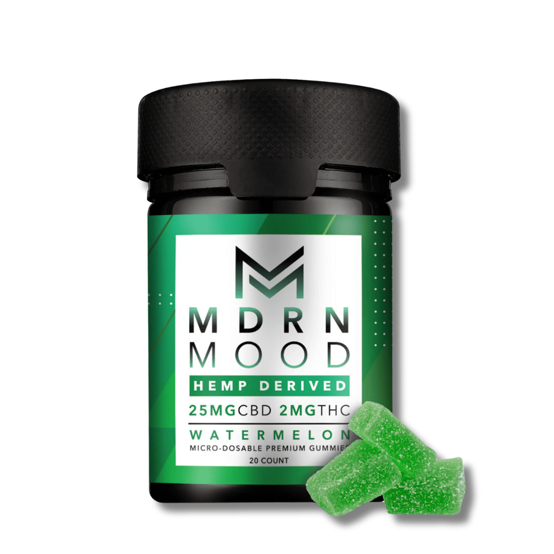 Pot de 20 gummies delta 9 THC MDRN MOOD watermelon avec bonbons verts visibles
