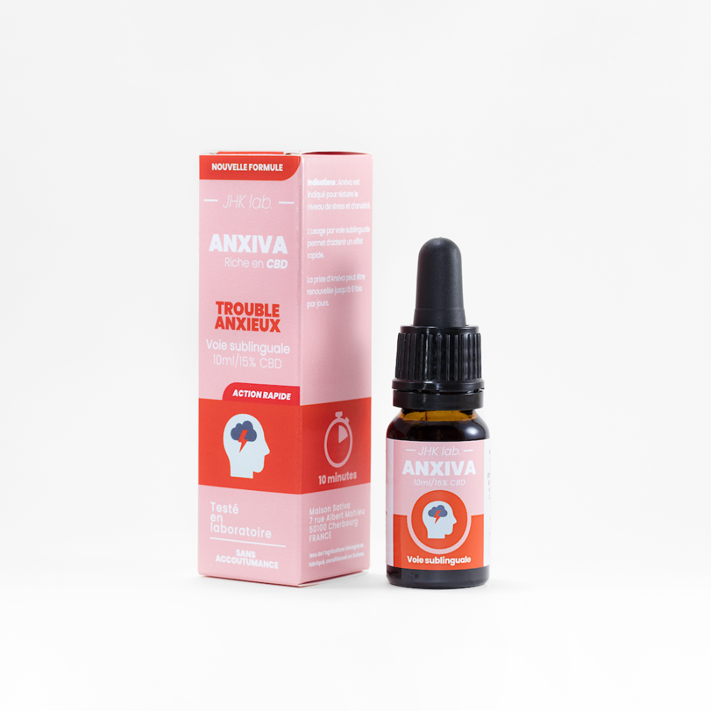 Anxiva est un huile de cbd permettant de lutter contre le stress et l'anxiété, 15%, spectre complet, testé en laboratoire, spécial trouble anxieux, anxiva, maison sativa, cherbourg