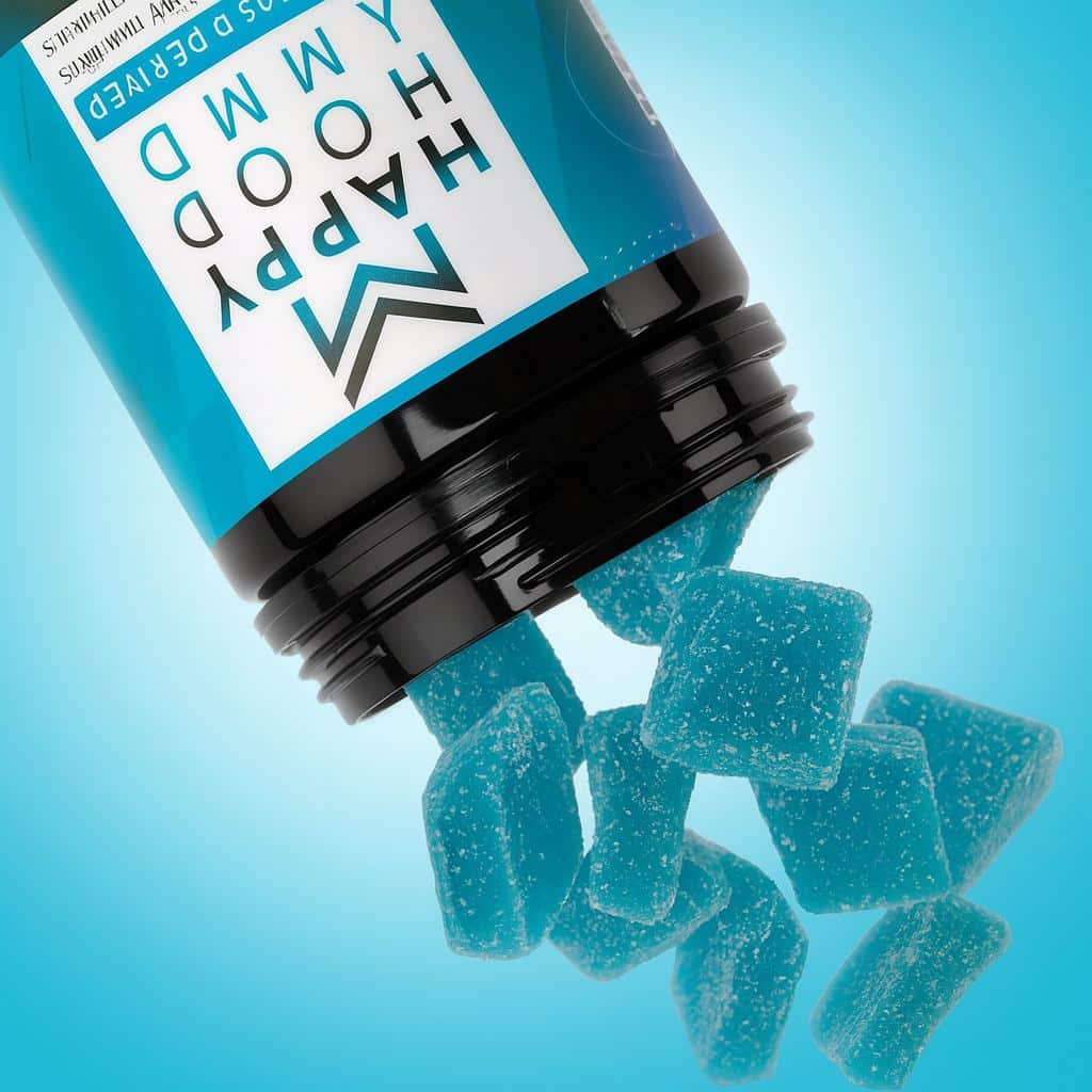 Gummies bleus Happy Mood Blueberry Lemonade tombant d’un flacon renversé, 50mg CBD et 10mg THC