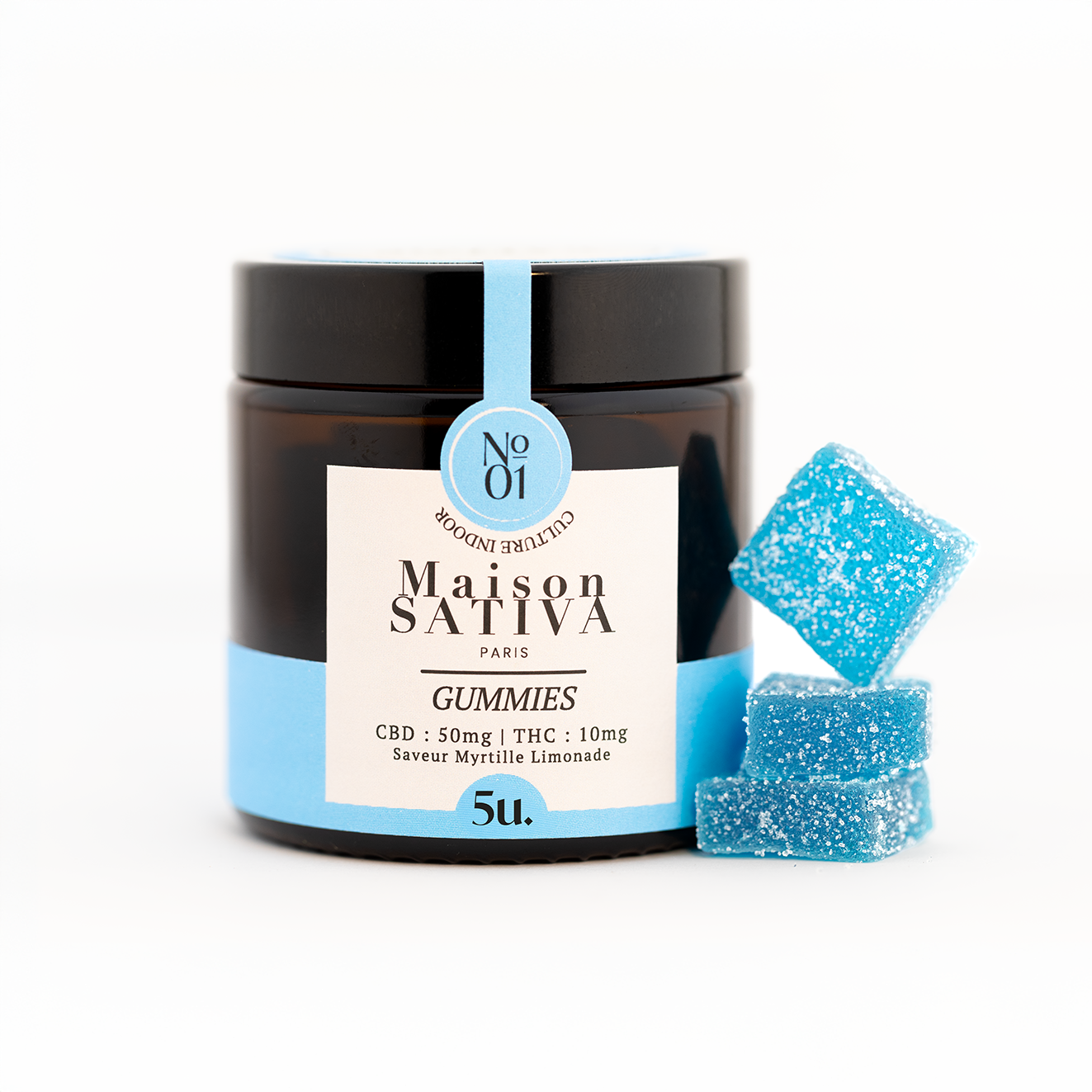 Pot de 5 gummies de chez Maison Sativa au CBD & THC légal, saveur citron limonade. 