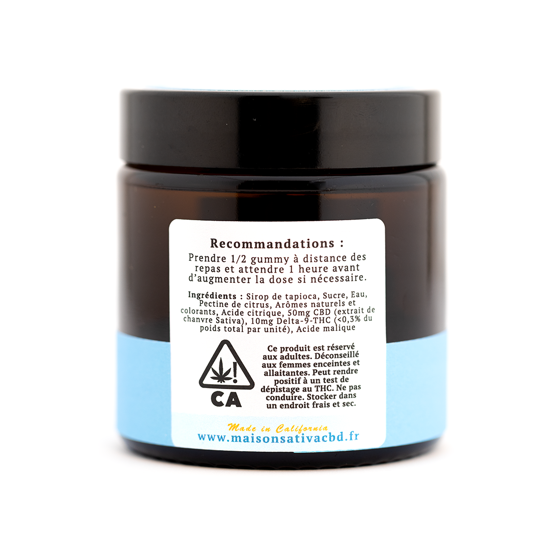 Arrière du pot de Gummies 60mg CBD & THC de chez Maison Sativa. Arrière contenant les recommandations, prendre 1/2 gummy à distance des repas et attendre 1 heure avant d'augmenter la dose si nécessaire. 
Contient aussi la liste des ingrédients.