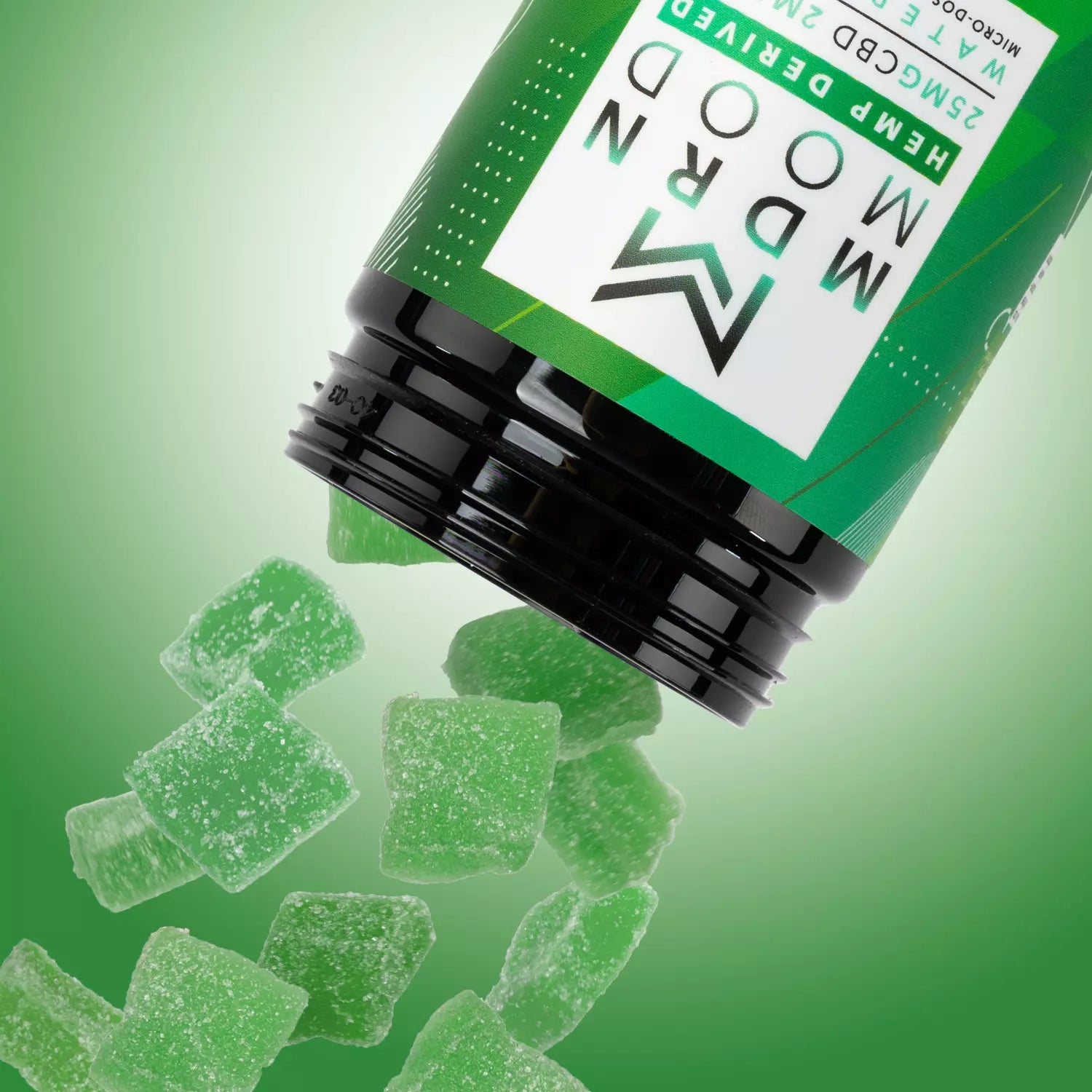 Gummies delta 9 THC verts de MDRN MOOD tombant du pot, saveur pastèque
