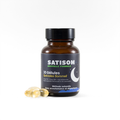 Satisom gélules et une méthode naturelle à base de CBN, CBD, mélatonine, lavande et camomille pour lutter contre les insomnies et les difficultés d'endormissement. Maison Sativa à cherbourg-en-cotentin, 50100.