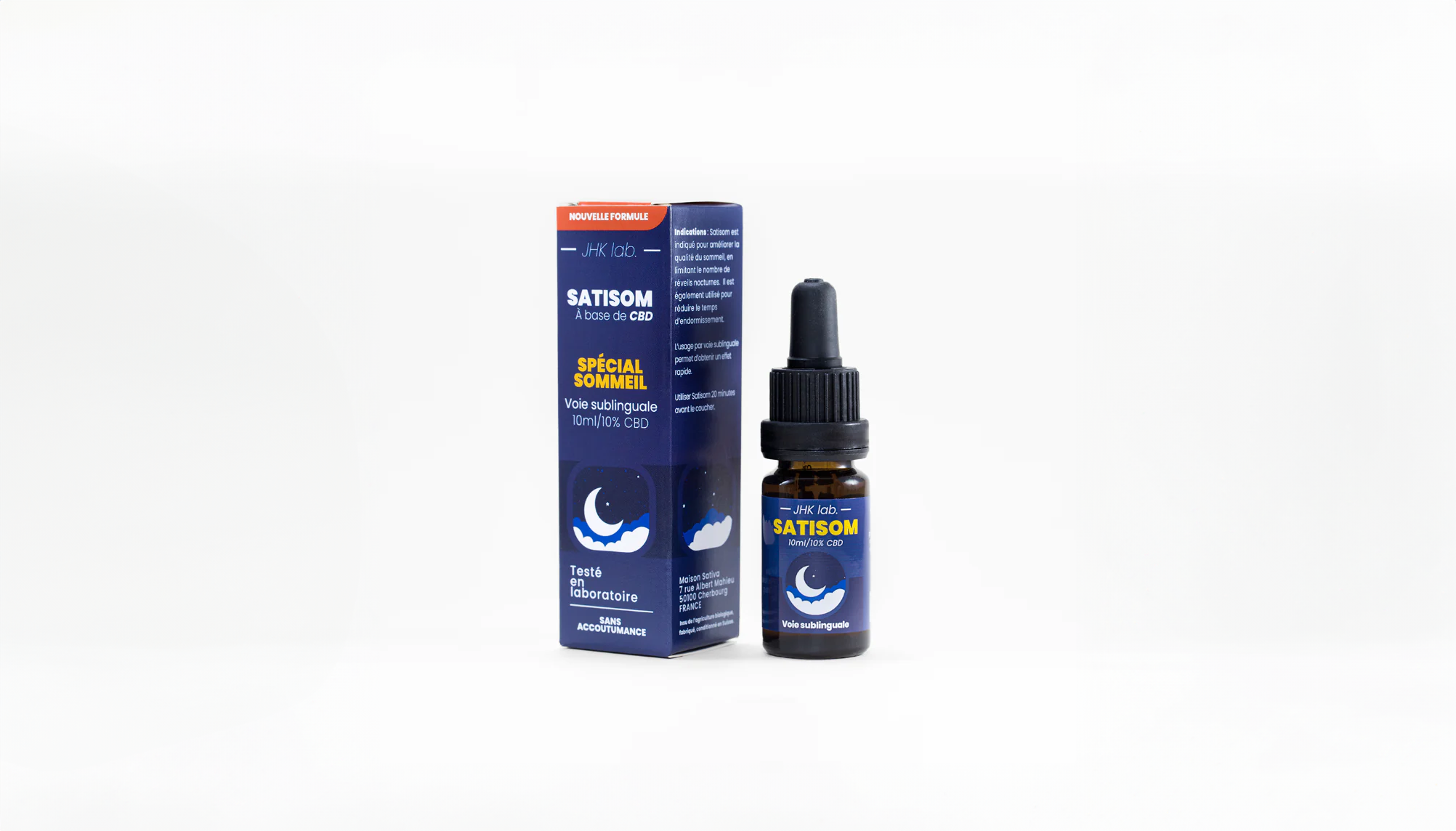 Flacon d’huile CBD Satisom 10 % contre les troubles du sommeil, action rapide