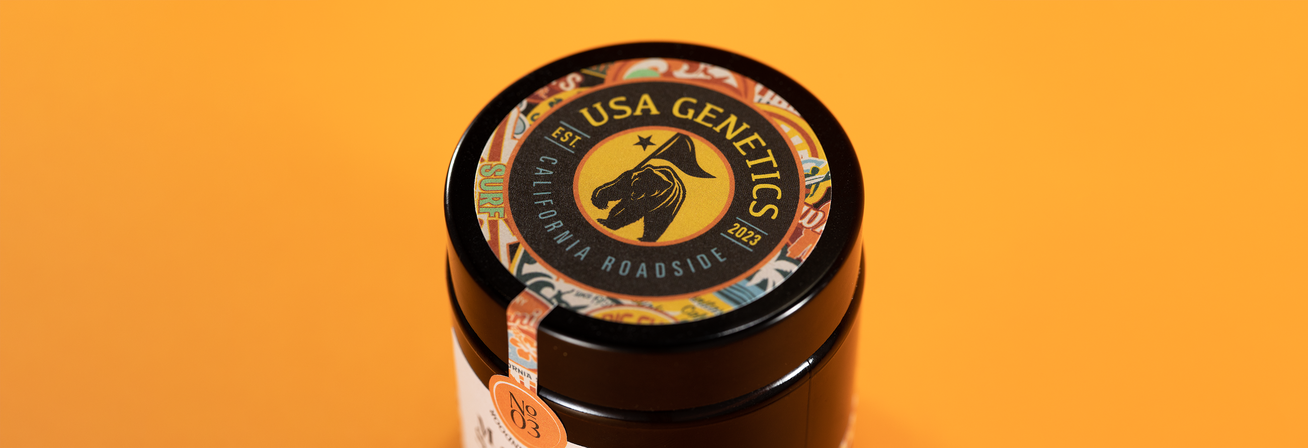 Couvercle du pot USA GENETICS de chez Maison Sativa sur fond orange 