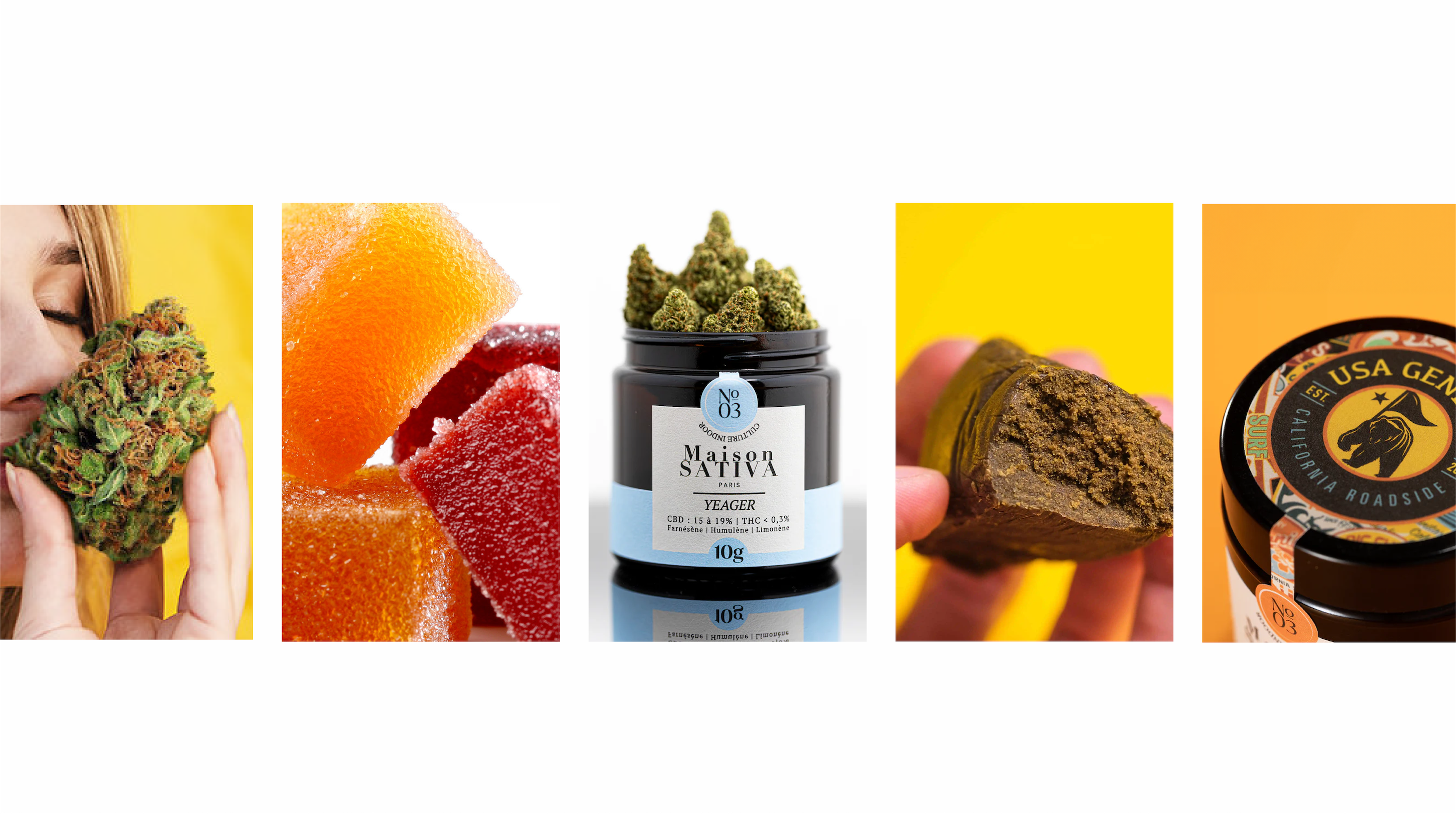 carousel de photo des meilleurs produits de chez Maison Sativa. Fleurs de CBD, gummies légaux au CBD & THC et résines. 