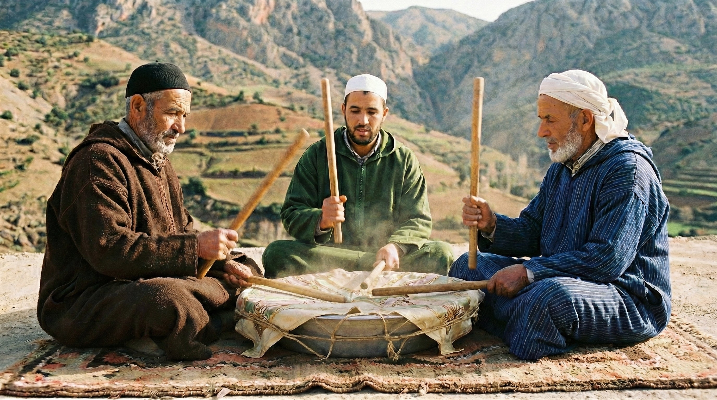 Trois hommes effectuant le battage traditionnel du Beldia avec des baguettes sur un tamis tendu pour extraire le kief.