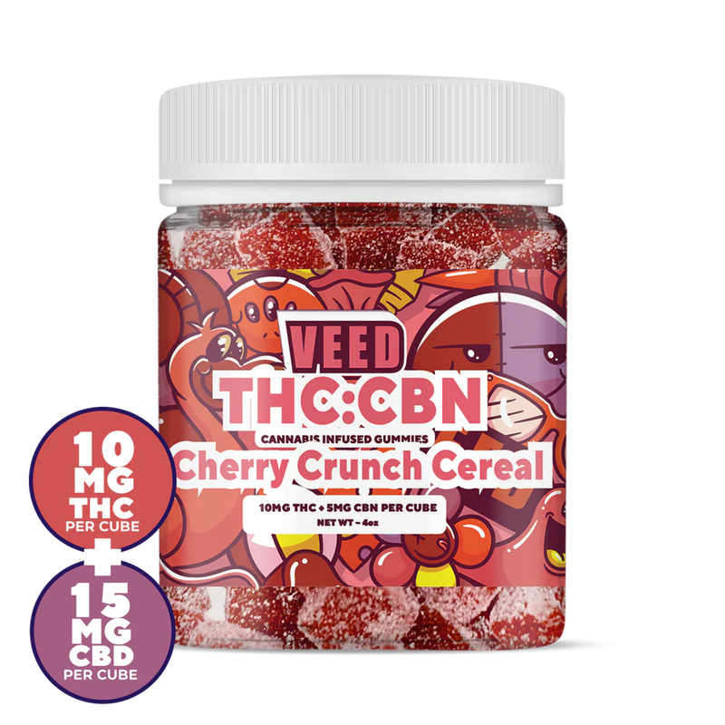 Bonbons gummies VEED Cherry Crunch Cereal avec 10mg THC, 5mg CBN et 15mg CBD par cube – disponibles chez Maison Sativa Cherbourg 50100, pour relaxation et sommeil naturel.