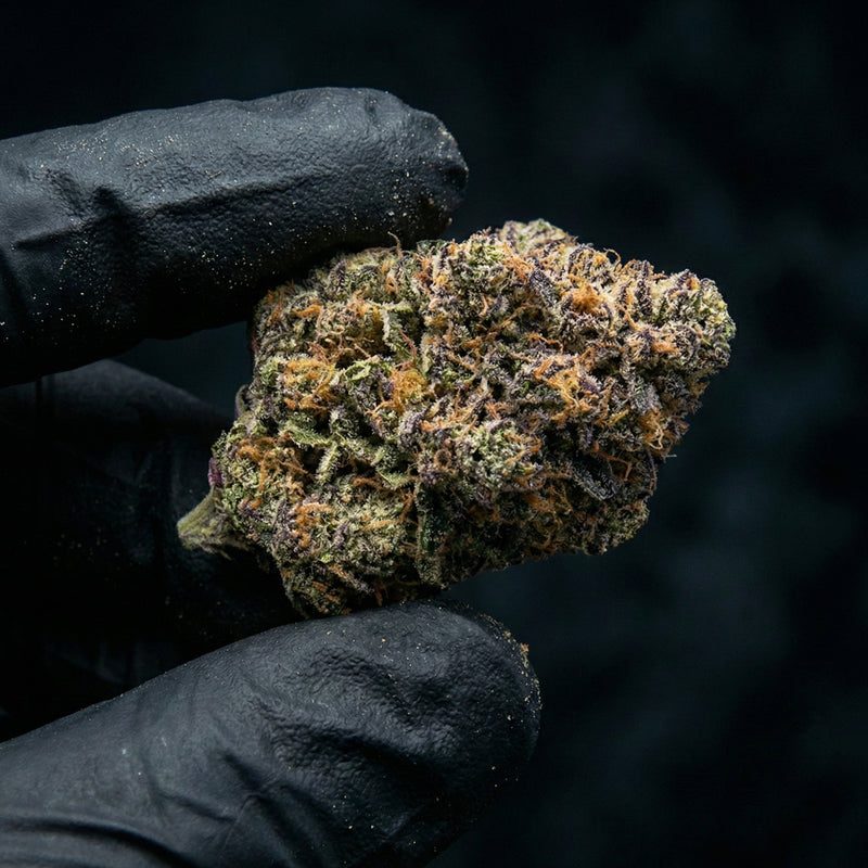 Fleur de CBD 10 OH HHC permanent marker de chez Maison Sativa tenu par deux doigts gantés noirs.