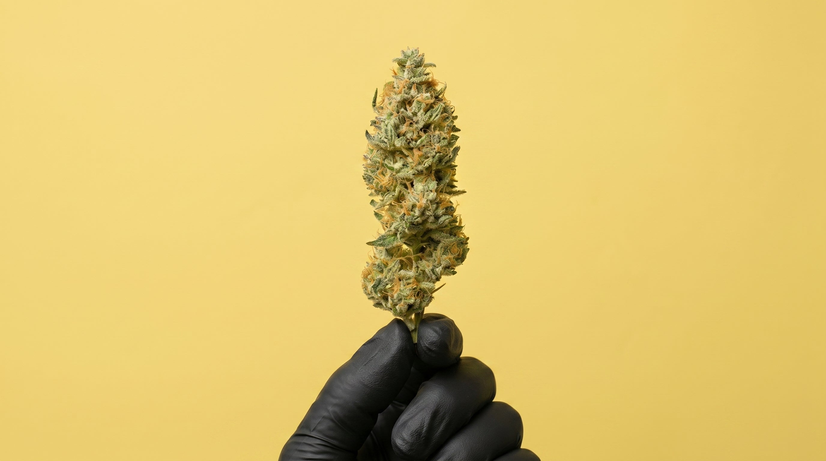Fleur de CBD Lemon Haze pas cher en promotion. Sommité florale de cannabis légal, tenue par des gants noirs en nitrile sur un fond jaune pastel uni.
