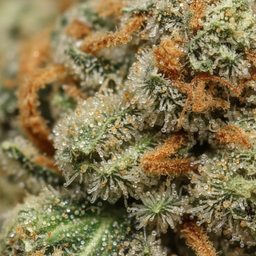 Zoom macro sur les trichomes cristallins et les pistils orangés d'une fleur de CBD premium
