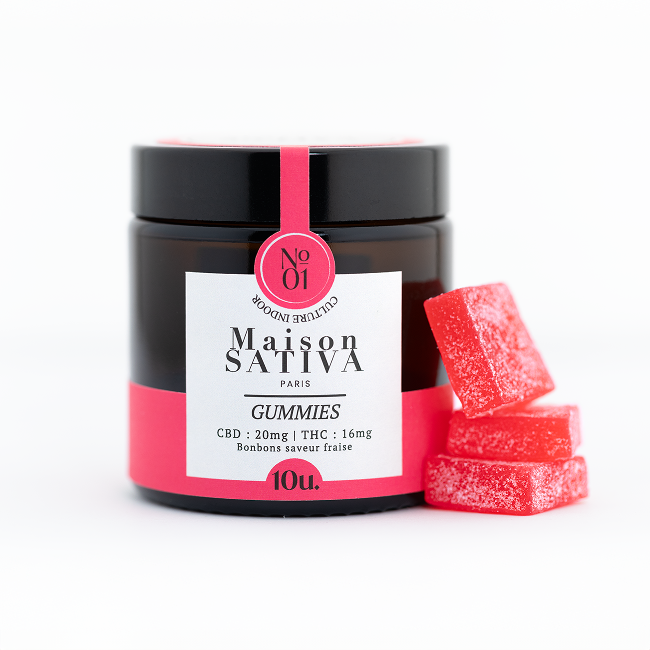 Pot de 10 gummies au CBD et delta-9-THC légal de chez Maison sativa