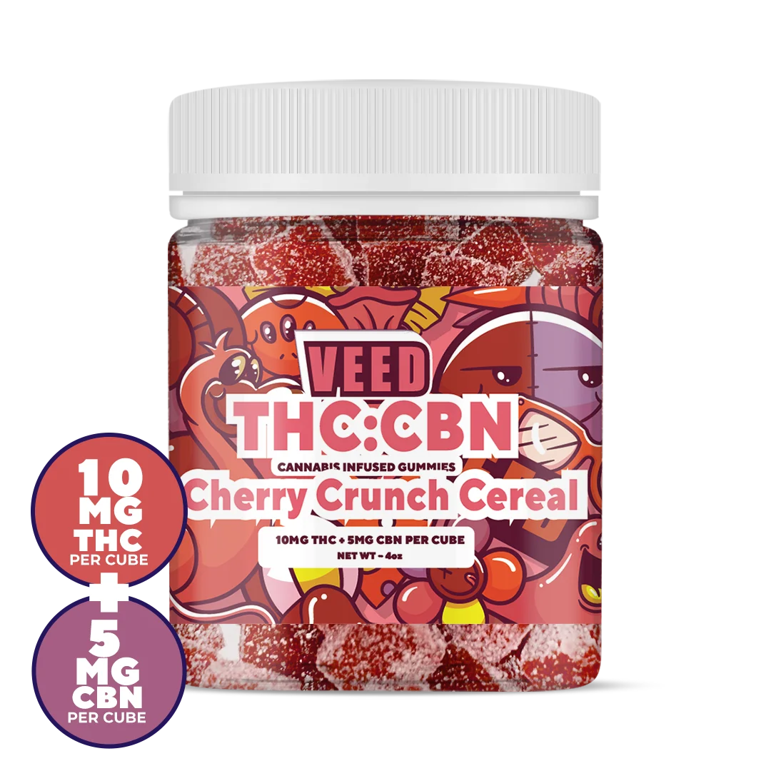 Bonbons CBD CBN THC VEED goût cerise – 10mg THC et 5mg CBN par cube, vendus à Cherbourg 50100 chez Maison Sativa, pour un sommeil profond et une détente optimale.