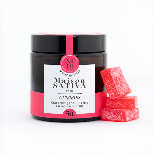 Pot de 5 gummies au CBD et delta-9-THC légal de chez Maison Sativa, made in California. Produit légal en France avec un taux de THC inférieur à 0,3% par gummy.