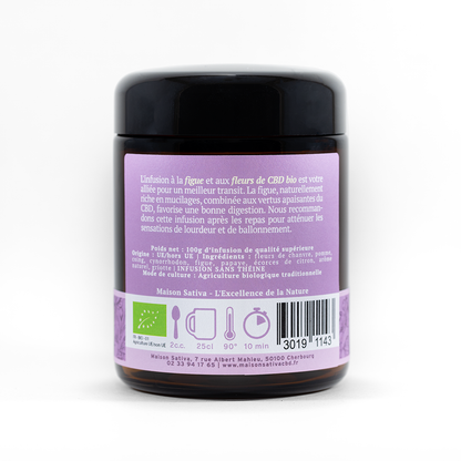 arrière du pot d'infusion digestion à la figue et fleurs de CBD bio de chez Maison Sativa, Cherbourg