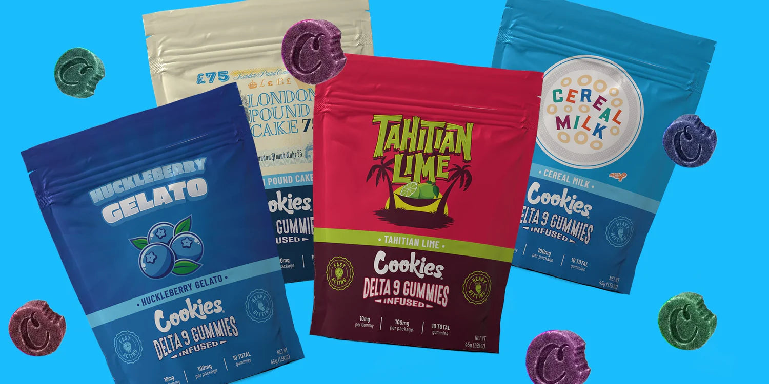 Pack 4 sachets Cookies Gummies THC Delta-9 légales – Saveurs Tahitian Lime, Huckleberry Gelato, Cereal Milk et London Pound Cake | Bonbons au cannabis légal – Livraison rapide 24/48h | Maison Sativa