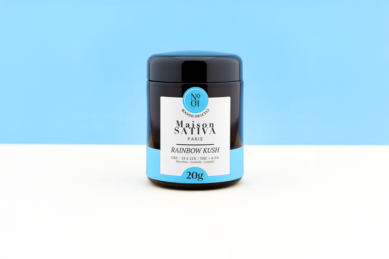 pot en verre ambré de fleurs de CBD RAINBOW KUSH de chez maison sativa