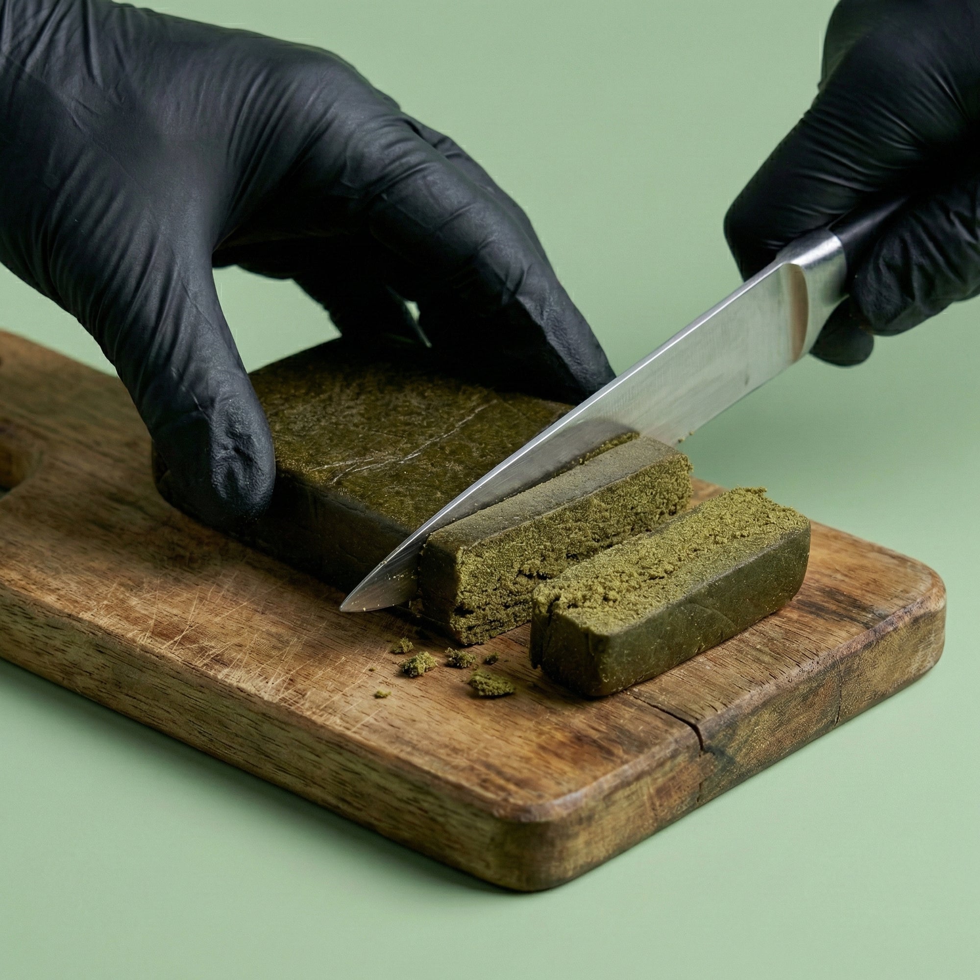 Découpe au couteau d'une plaquette de résine CBD sur une planche en bois, illustrant la consistance compacte du produit.